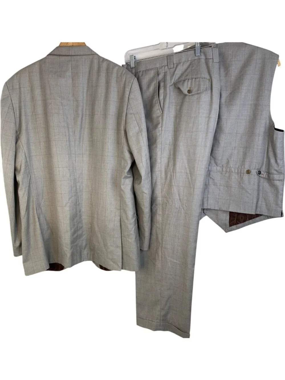 T-Fusion by Monte Taylon Mens 44L x 38 Gray Plaid 3 Piece Suit Vest Pants EUC